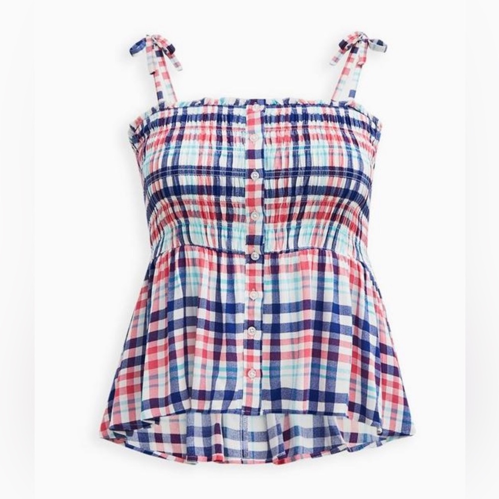 TORRID Smocked Blue, Pink & White Tie Strap Rayon Tank Top